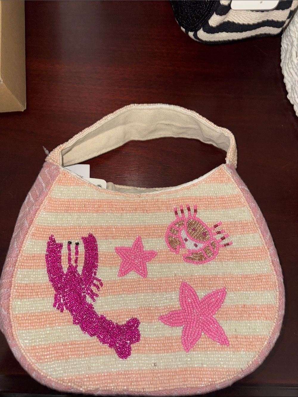 Pink Beaded Beach Handbag - Cute Sea Life Design